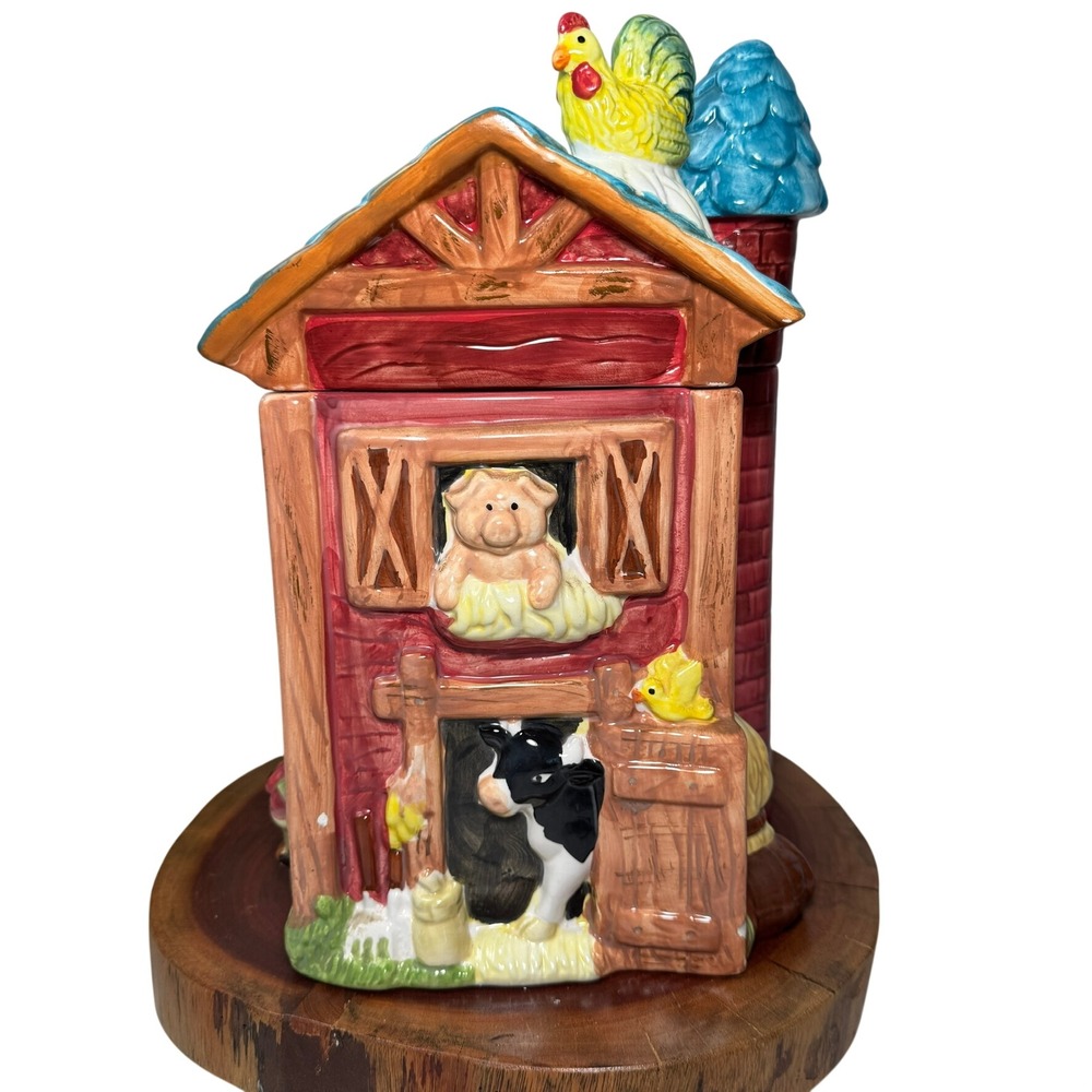 Vintage Red Barn Farmhouse Ceramic Cookie Jar Cow Pig Rooster Silo Canister
